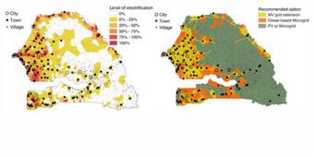 Mapa de electrificación de Senegal (izquierda) y recomendaciones para ampliarla (derecha). Fuente: Instituto Santa Fe.