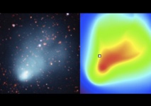 Imagen comparativa de los datos (imagen de las múltiples galaxias y el gas emisor de rayos X, izquierda) con el modelo de gas caliente (derecha). La forma de "cometa" de los datos de rayos X está bien reproducida por el modelo. Fuente: UPV/EHU.