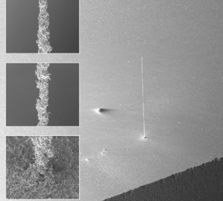 Micropilar de cobre formado por gotitas microscópicas apiladas. Fuente: UT. Micropilar de cobre formado por gotitas microscópicas apiladas. Fuente: UT.