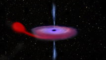 Imagen artística de un agujero negro comiéndose la materia de su estrella compañera en un sistema binario. Fuente: ESA/ATG medialab.
