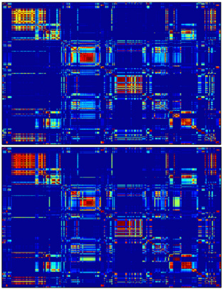 Esquema de las conexiones cerebrales durante la tarea de control (arriba) y la de memoria. Esquema de las conexiones cerebrales durante la tarea de control (arriba) y la de memoria.