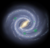 Concepción artística de la Vía Láctea, con los "oasis" de vida mostrados con puntos verdes. Fuente: NASA/JPL/R. Hurt.