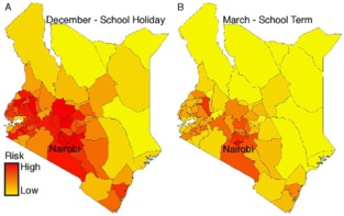 Riesgo de infección en Kenia, según la región en diciembre -vacaciones escolares- (A) y en marzo (B). Imagen: Wesolowski/Metcalf. Fuente: Princeton.