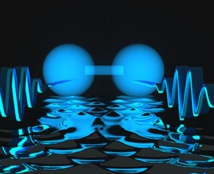 Dos fotones, representados como paquetes de ondas (izquierda y derecha), se pueden bloquear juntos en una distancia corta. Bajo ciertas condiciones, los fotones pueden formar un estado parecido a una molécula de dos átomos, representado con la forma mancuerna azul en el centro. Fuente: E. Edwards / JQI.
