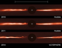 Imágenes del disco de AU Mic obtenidas en 2010 y 2011 por Hubble, y en 2014 por VLT/SPHERE (donde se observan ondas o arcos a la izquierda), bloqueando con círculos negros la brillante luz de la estrella central. Fuentes: ESO/NASA/ESA.