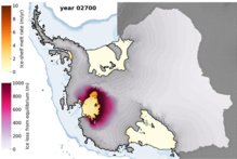 Nivel de deshielo de la capa de hielo de la Antártida occidental para el año 2700. Imagen: Feldmann et al. Fuente: PIK. Nivel de deshielo de la capa de hielo de la Antártida occidental para el año 2700. Imagen: Feldmann et al. Fuente: PIK.