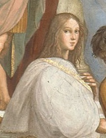 Retrato imaginario de Hipatia, en un detalle de La escuela de Atenas (1509-1510) de Rafael Sanzio. Fuente: Wikimedia Commons.