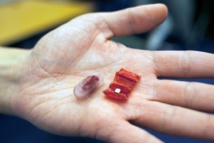 La cápsula (a la izquierda) y el robot de origami. Imagen: Melanie Gonick. Fuente: MIT.