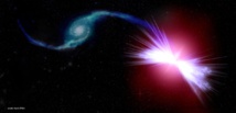 Impresión artística de las galaxias Akira (dcha.) y Tetsuo (izda.) en acción. La gravedad de Akira tira del gas de Tetsuo hacia su agujero negro central supermasivo, alimentando vientos capaces de calentar el gas de Akira. Fuente: Kavli IPMU.