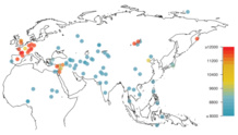 Representación del origen geográfico y antigüedad de los restos de perros arqueológicamente más antiguos en Eurasia. Imagen: Frantz et al. Fuente: Sinc. Representación del origen geográfico y antigüedad de los restos de perros arqueológicamente más antiguos en Eurasia. Imagen: Frantz et al. Fuente: Sinc.