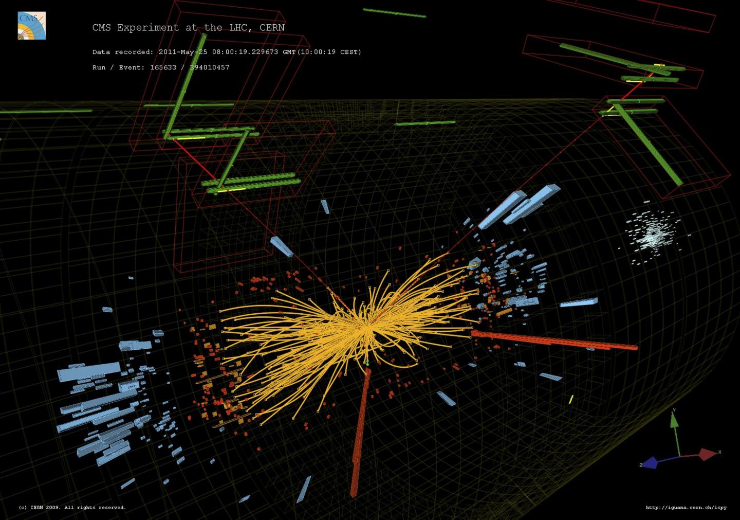 Colisiones protón-protón en las que se observan dos electrones y dos muones de alta energía. Imagen: L. Taylor/T. McCauley. Fuente: CERN.