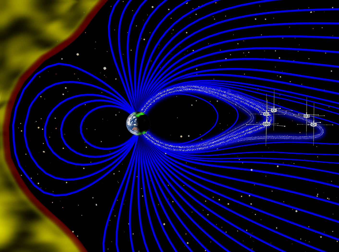 Ilustración (no está a escala) de la magnetosfera. El viento solar está en amarillo, a la izda., y las líneas magnéticas que emanan de la tierra en azul. Los electrones son puntos blancos. Imagen: Emmanuel Masongsong. Fuente: UCLA/EPSS/NASA.