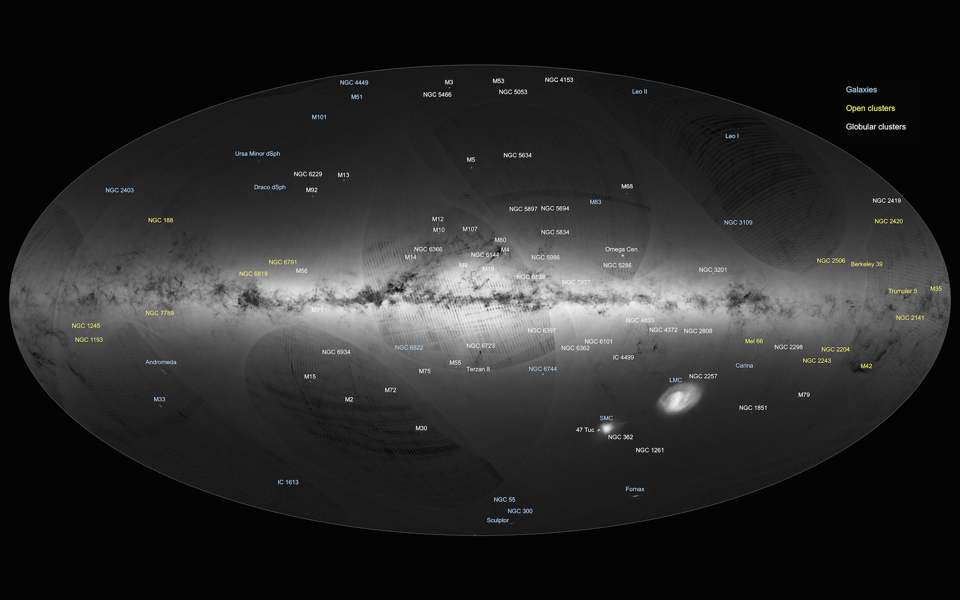 El primer mapa de Gaia, anotado. Fuente: ESA/Gaia/DPAC.