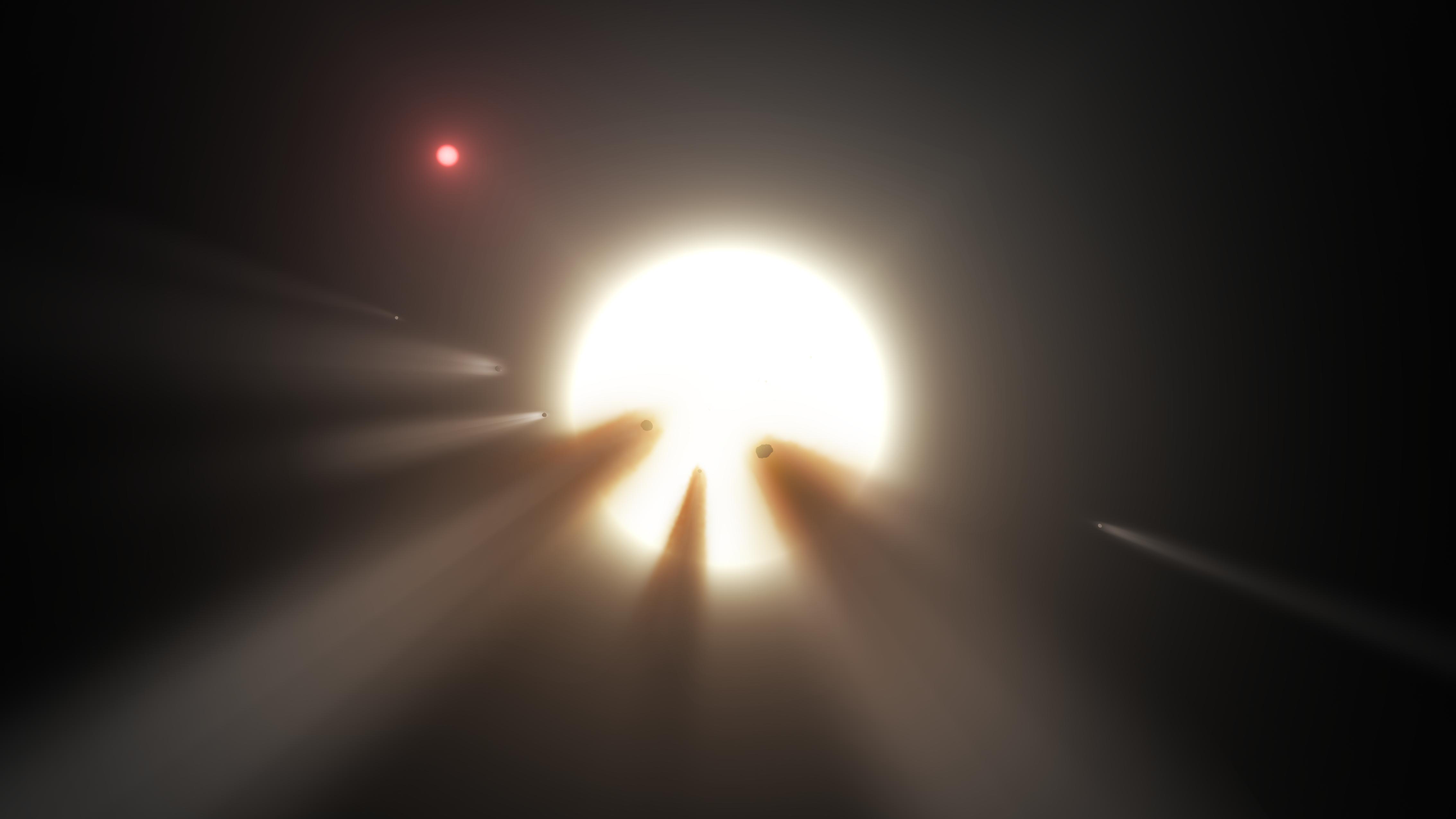 Visión artística de una estrella oscurecida por un cometa hecho añicos. Fuente: NASA/JPL-Caltech.