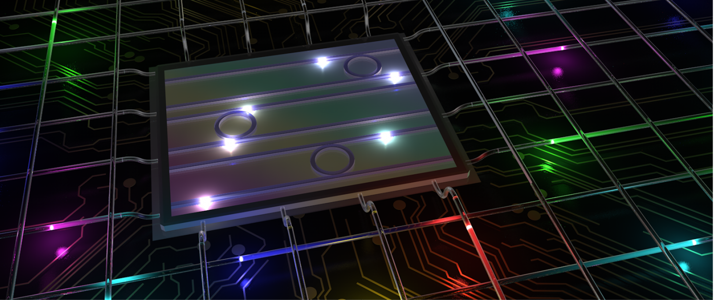 Ilustración de los fotones en estados cuánticos de muchas dimensiones, entrelazados en el espectro de colores, que son manipulados y transmitidos vía un sistema de telecomunicaciones. Crédit © Michael Kues.