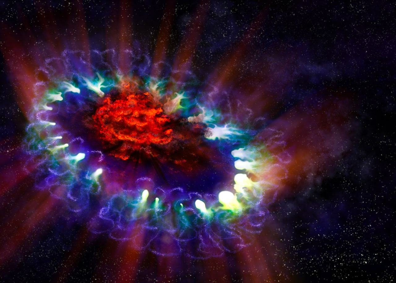 Esta representación artística de la supernova 1987A revela las zonas frías presentes en el interior del remanente de la estrella extinta (en rojo), donde ALMA detectó y convirtió en imagen enormes cantidades de polvo. Esta zona interna se contrasta con la capa superficial (en azul), donde la energía de la supernova entra en colisión (en verde) con el envoltorio de gas eyectado de la estrella antes de su poderosa detonación. Créditos: A. Angelich; NRAO/AUI/NSF