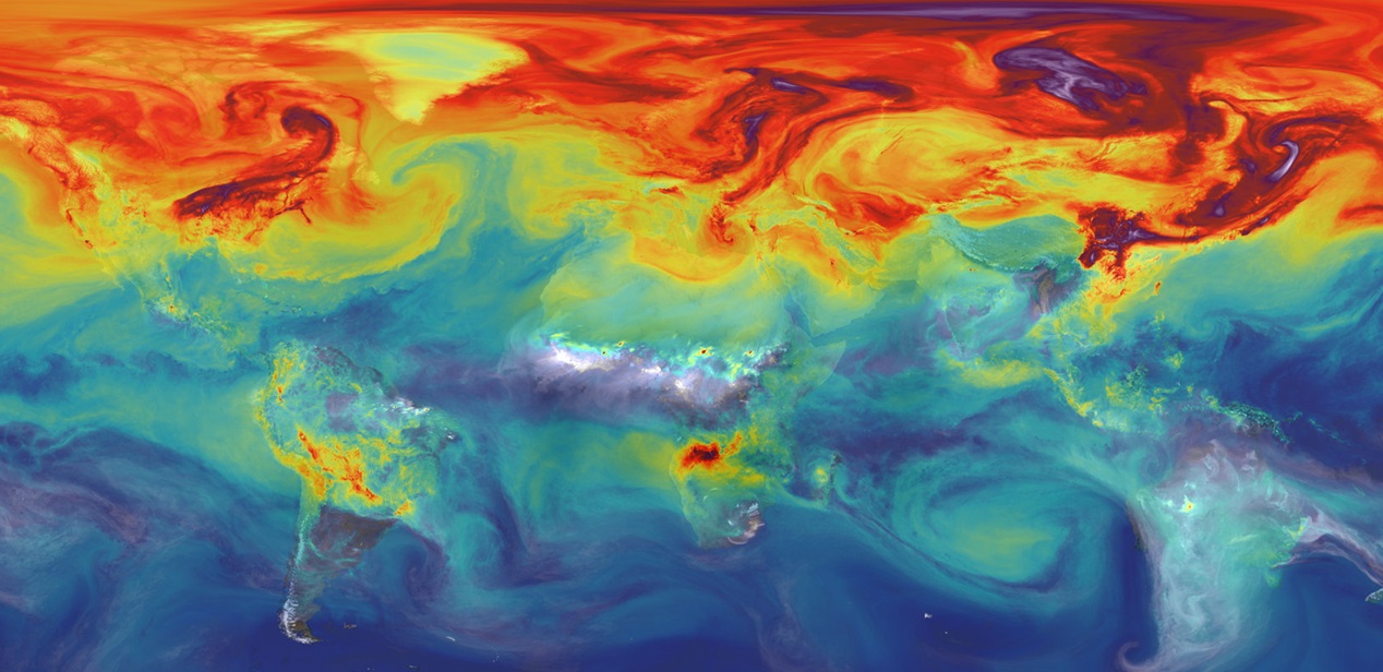 El CO2 en la atmósfera de la Tierra si la mitad de las emisiones de gases de efecto invernadero no es absorbida. Simulación por ordenador de la NASA.