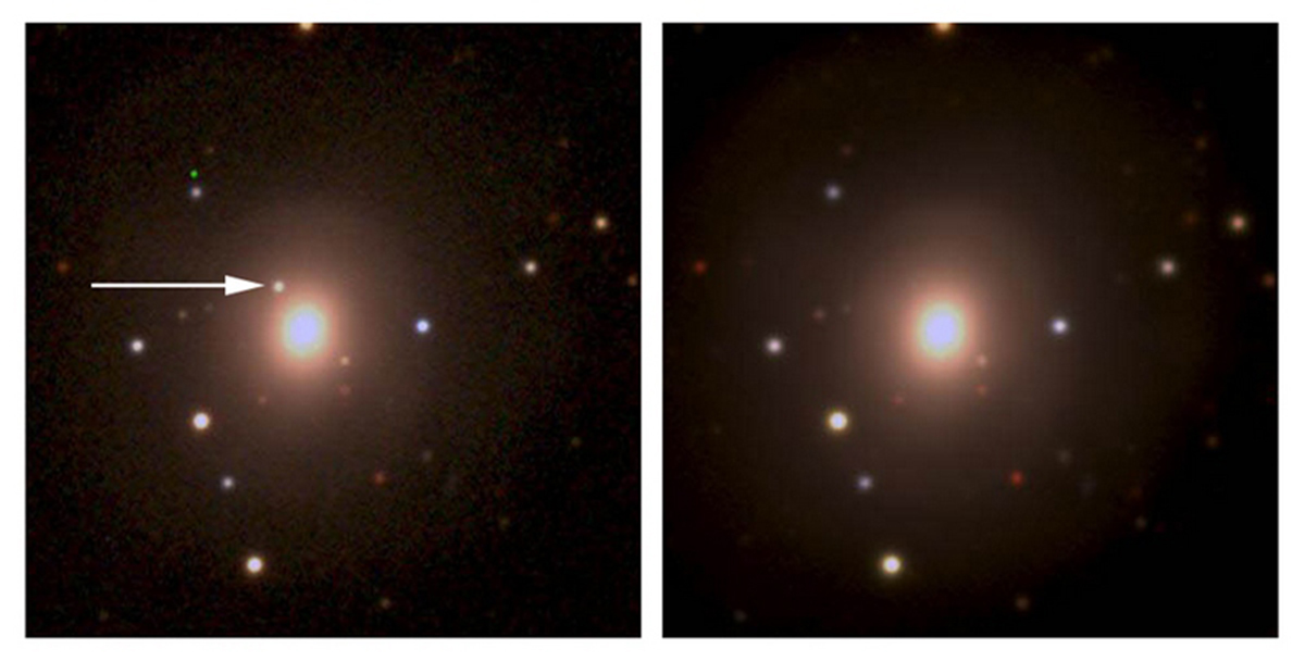 A LA IZQUIERDA: Imagen de la galaxia NGC4993 tomada por DES (Dark Energy Survey)  el 18 de agosto de 2017 en la que la flecha señala la posición de la primera detección óptica de la explosión (Kilonova) resultante del choque de dos estrellas de neutrones. Esta explosión fue detectada horas antes como una onda gravitacional por los interferómetros LIGO y VIRGO y como un brote de rayos gamma por el satélite Fermi.  A LA DERECHA: Imagen de la misma galaxia tomada 14 días después,  en la ya no se ve rastro de la explosión.  CREDIT: CIEMAT