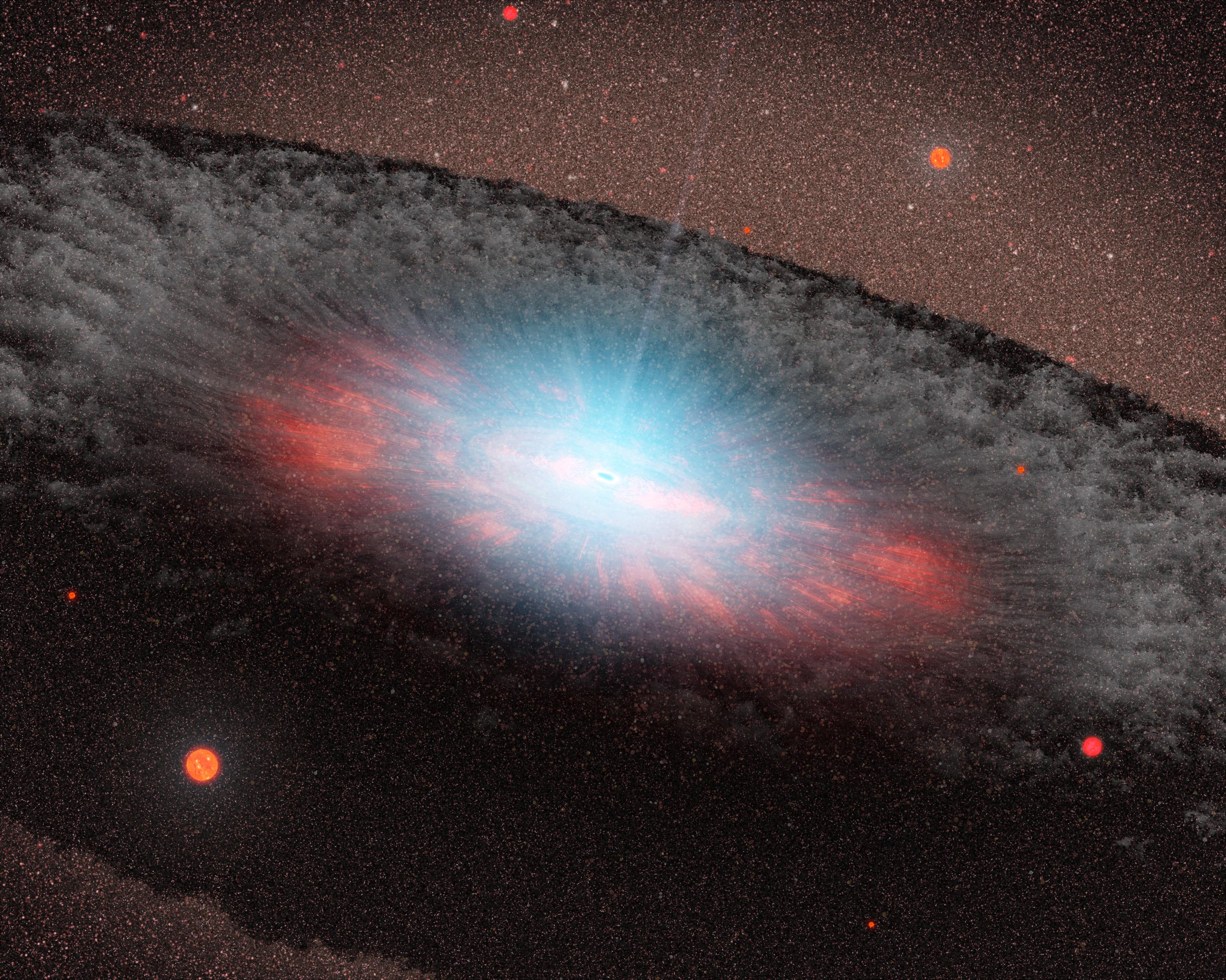 Representación artística de un agujero negro supermasivo en el centro de una galaxia. Imagen: NASA/JPL-Caltech