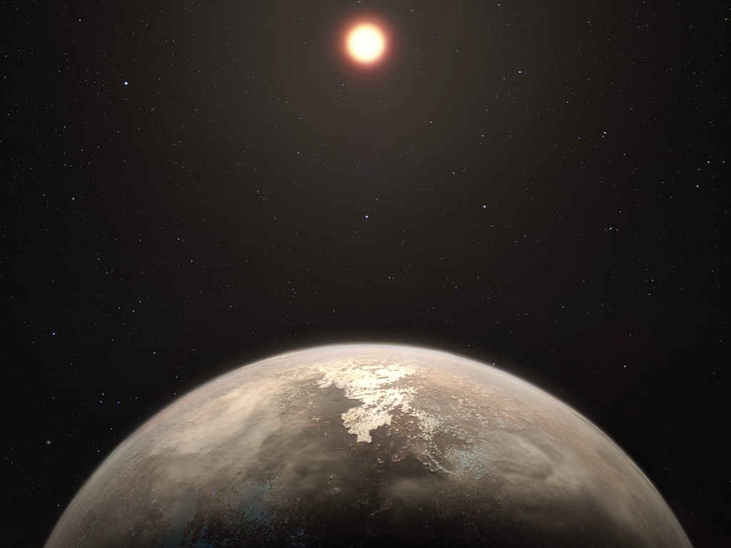 Recreación artística del planeta templado Ross 128 b, con su estrella enana roja anfitriona al fondo. Crédito: ESO/M. Kornmesser