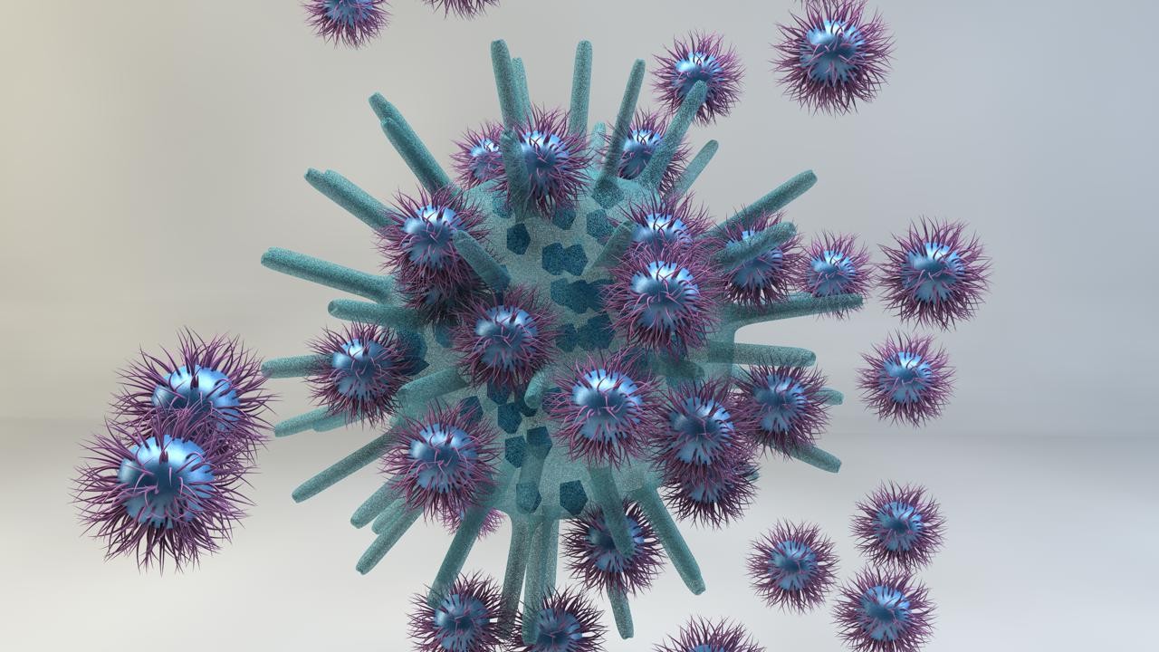 Ilustración artística de un ataque de nanopartículas sobre un virus, que provoca la pérdida de su integridad y toxicidad. © SUNMIL/EPFL