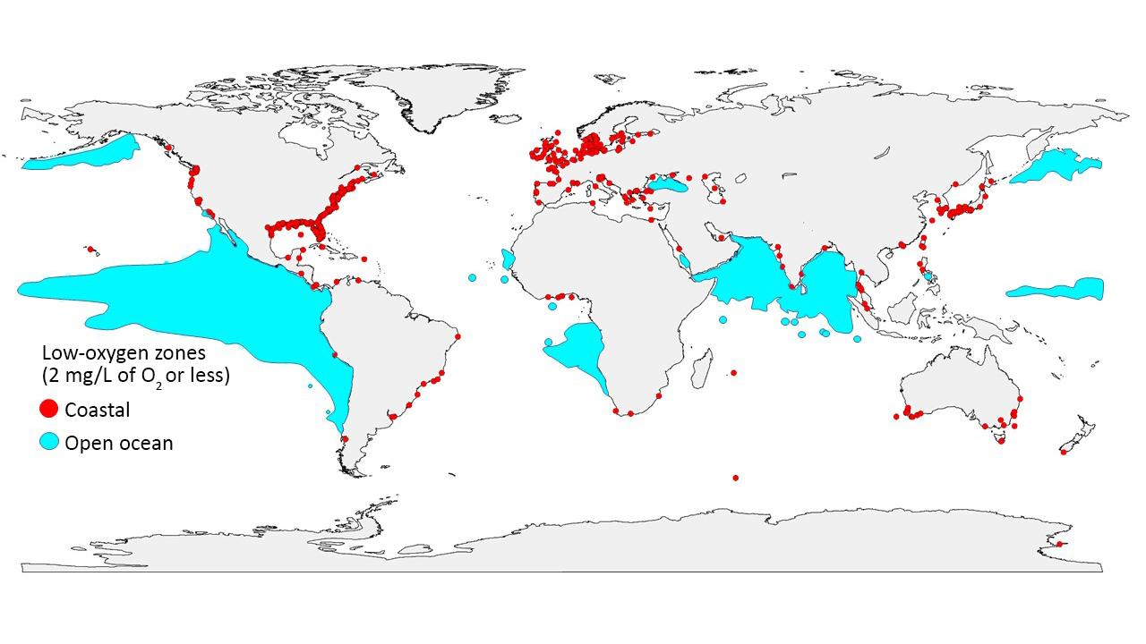 Mapa de la falta de oxígeno.En azul, las zonas abiertas, en rojo, las zonas costeras. Credit: GO2NE working group.