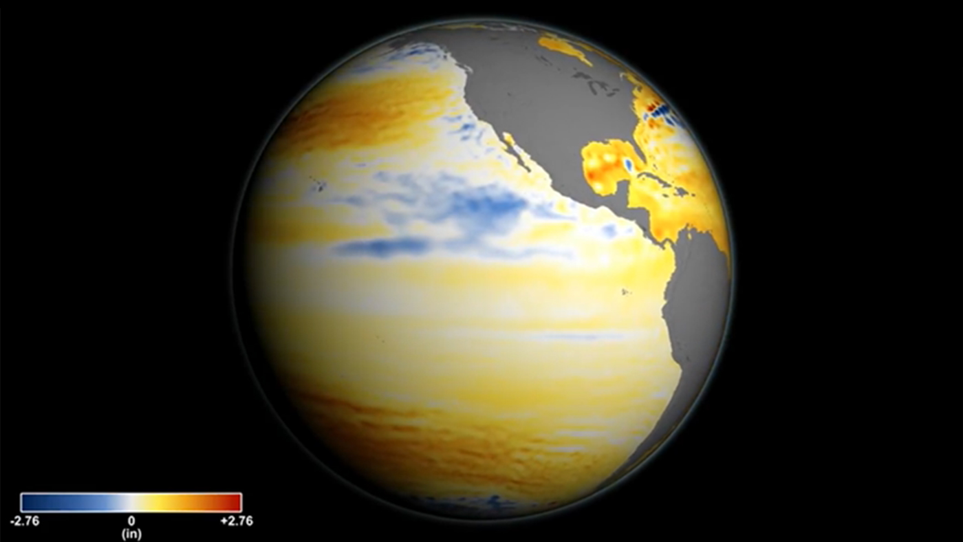 La imagen señala las diferentes alturas de los océanos a vista de satélite. (Gráfico: NASA's Goddard Space Flight Center/Kathryn Mersmann)