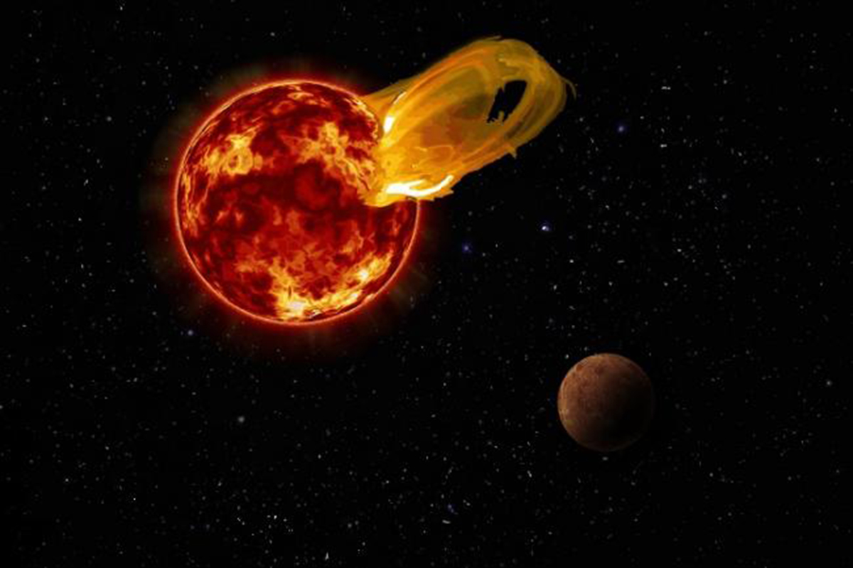 Representación gráfica de la llamarada que supuestamente arrasó a Próxima Centauri b. Credit: Roberto Molar Candanosa / Carnegie Institution for Science, NASA/SDO, NASA/JPL.