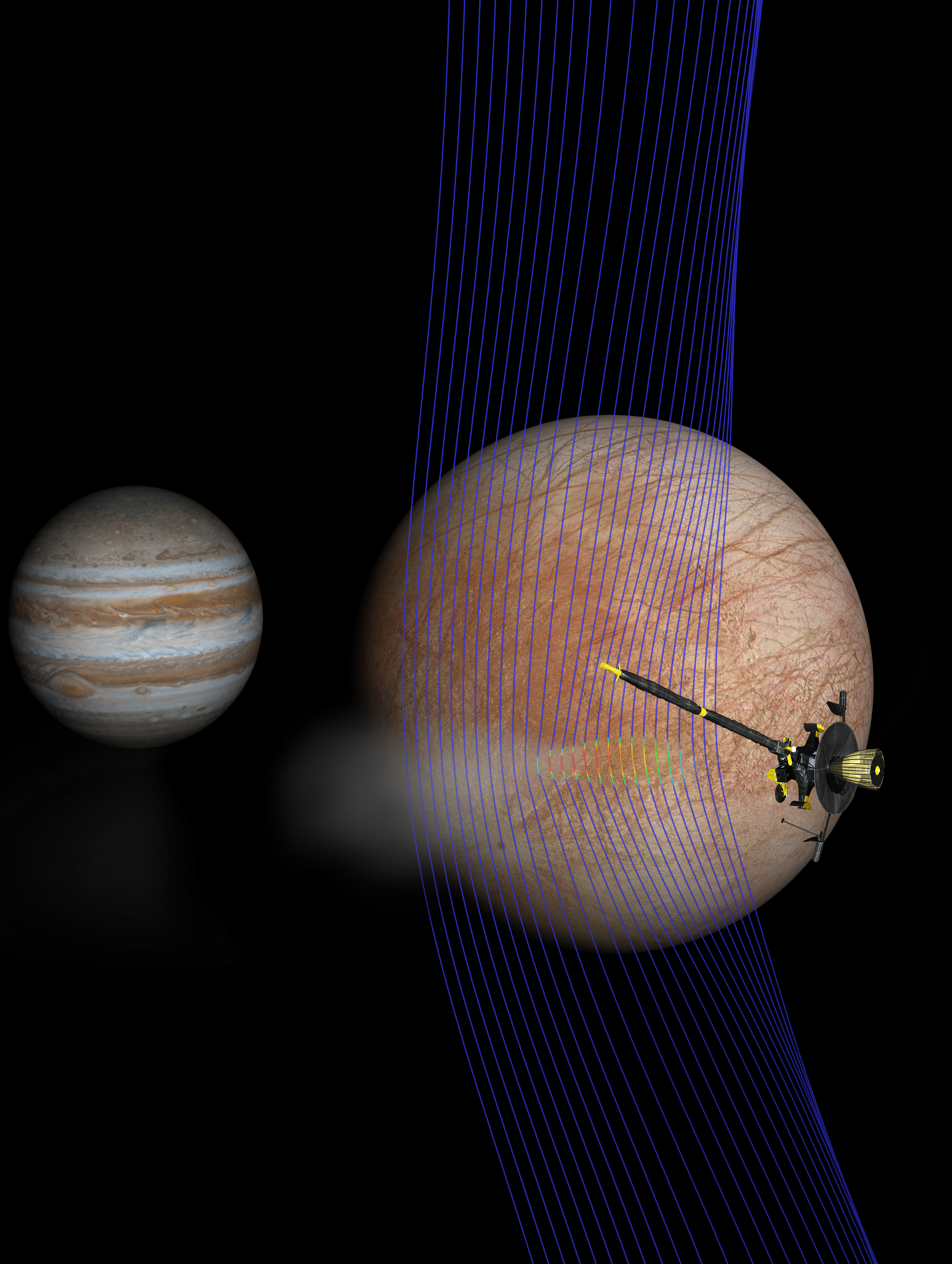 Ilustración artística de Júpiter y Europa (en primer plano) con la nave espacial Galileo después  de haber sobrevolado una pluma que sale de la superficie de Europa. Las líneas del campo magnético (representadas en azul) muestran cómo la pluma interactúa con el flujo ambiental del plasma de Júpiter. Los colores rojos en las líneas muestran áreas más densas de plasma. Credits: NASA/JPL-Caltech/Univ. of Michigan.