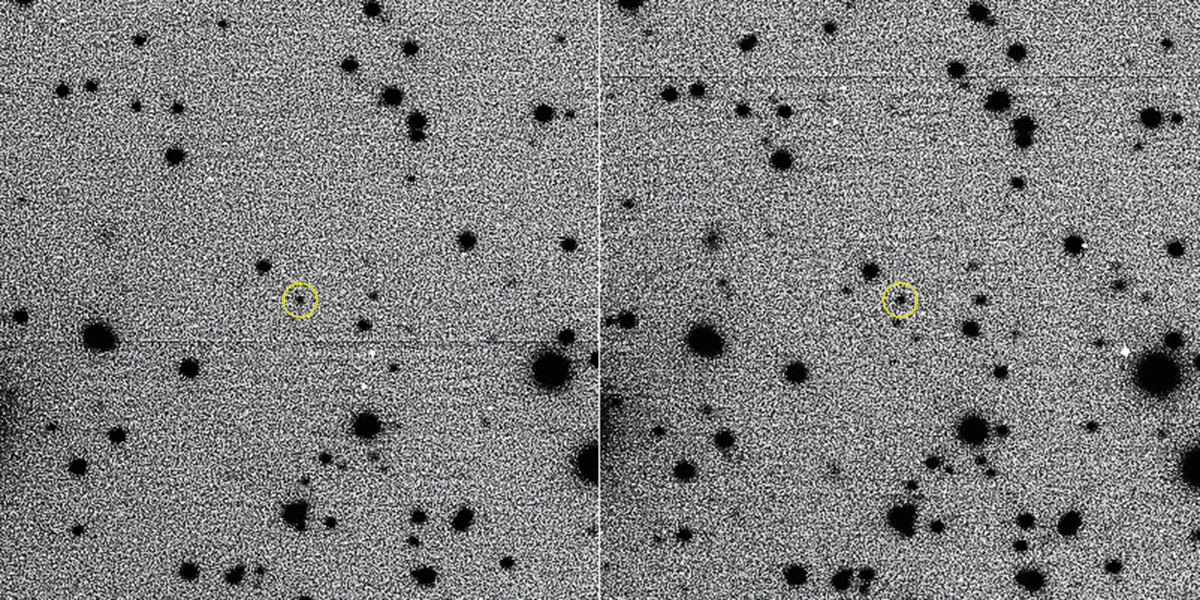 Estas dos imágenes de 2015 BZ509, obtenidas con el Large Binocular Telescope Observatory, confirman su órbita retrógrada. © Christian Veillet, Large Binocular Telescope Observatory.