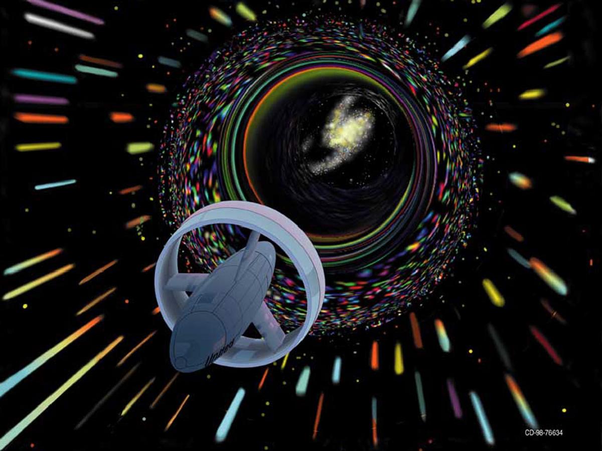 Ilustración de una nave espacial que usa energía negativa para deformar el espacio-tiempo y viajar más rápido que la luz. Les Bossinas / NASA