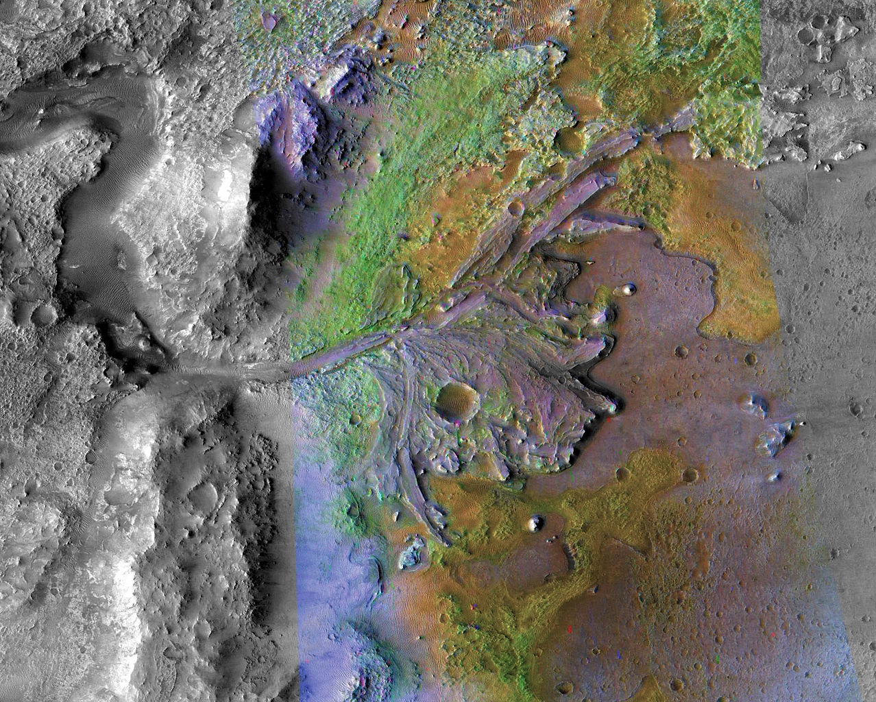 Delta en el cráter Jezero en Marte. Fuente: NASA/JPL/JHUAPL/MSSS/Brown University.