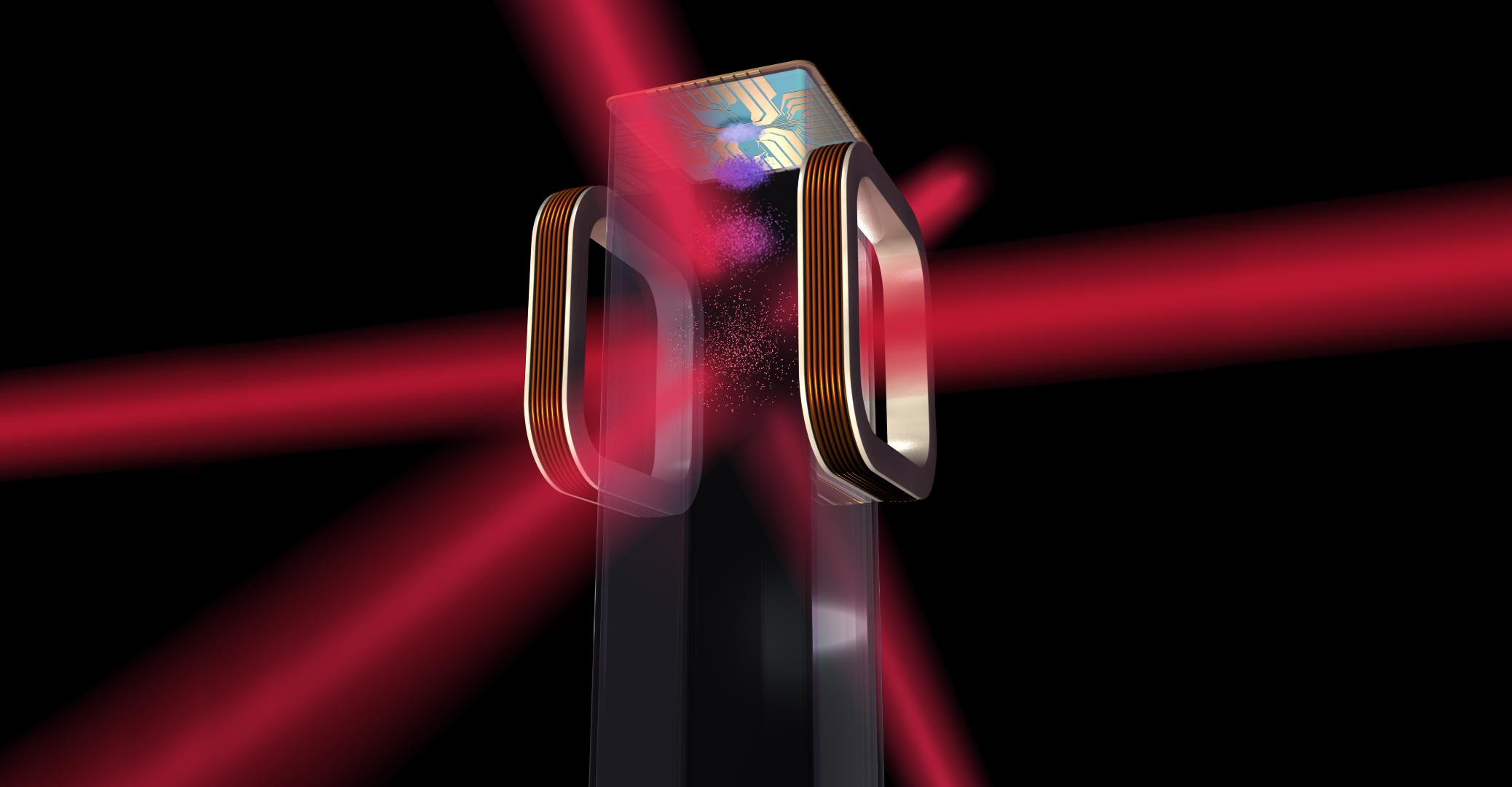 Ilustración artística de una trampa magnetoóptica y un chip atómico como el que va a ser utilizado por el (CAL) de la NASA a bordo de la Estación Espacial Internacional. Foto: NASA/JPL-Caltech.