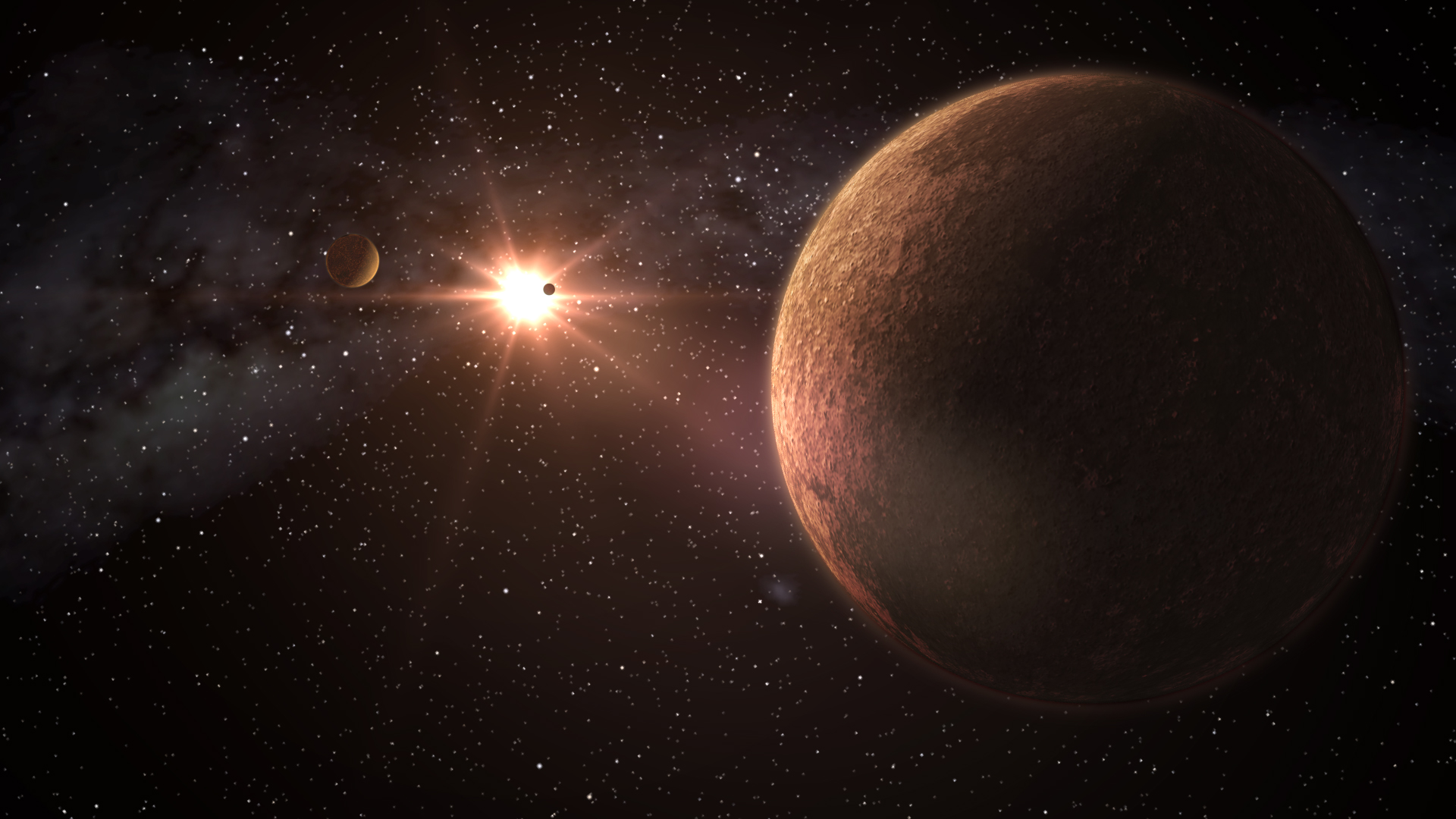 Recreación artística de un sistema planetario compuesto por tres planetas rocosos del tamaño de la Tierra. Crédito: Gabriel Pérez Díaz, SMM (IAC).