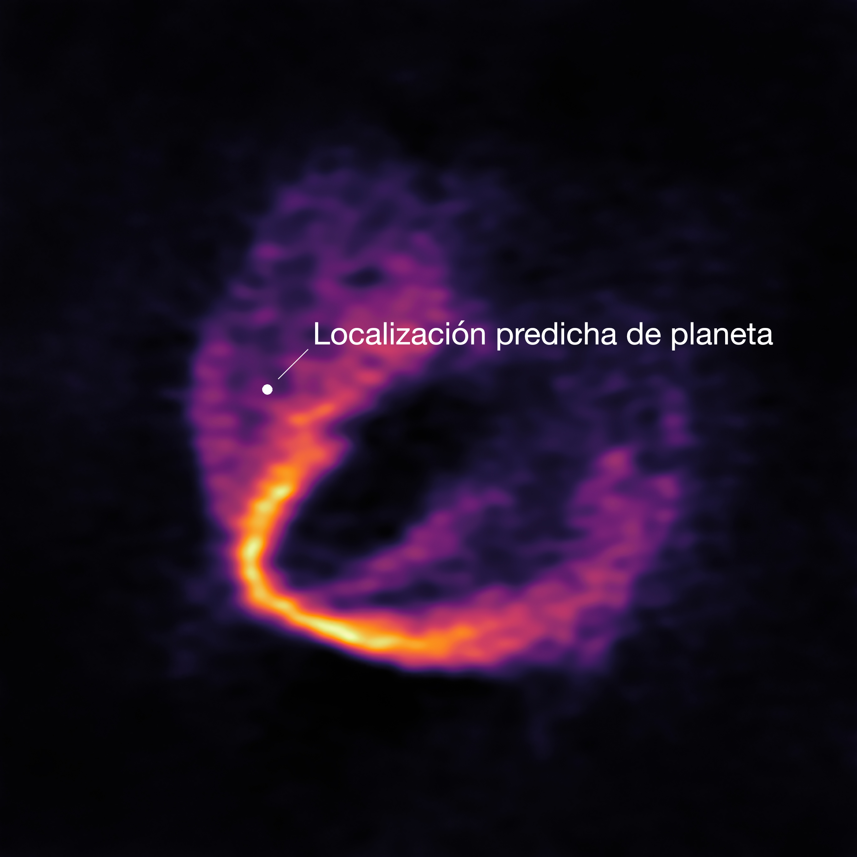 Esta imagen muestra parte del conjunto de datos de ALMA en una longitud de onda y revela un claro “estrechamiento” en el material, que indica claramente la presencia de uno de los planetas. El lugar donde se predice la ubicación del planeta está marcado con un punto azul. Crédito: ESO, ALMA (ESO/NAOJ/NRAO); Pinte et al.
