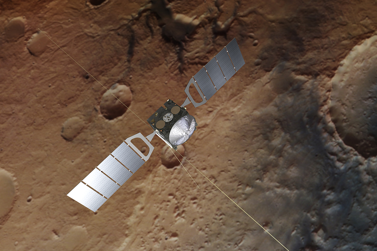 Creación artística de Mars Express en Marte. Crédito: ESA/ATG medialab; Mars: ESA/DLR/FU Berlin,	CC BY-SA 3.0 IGO.
