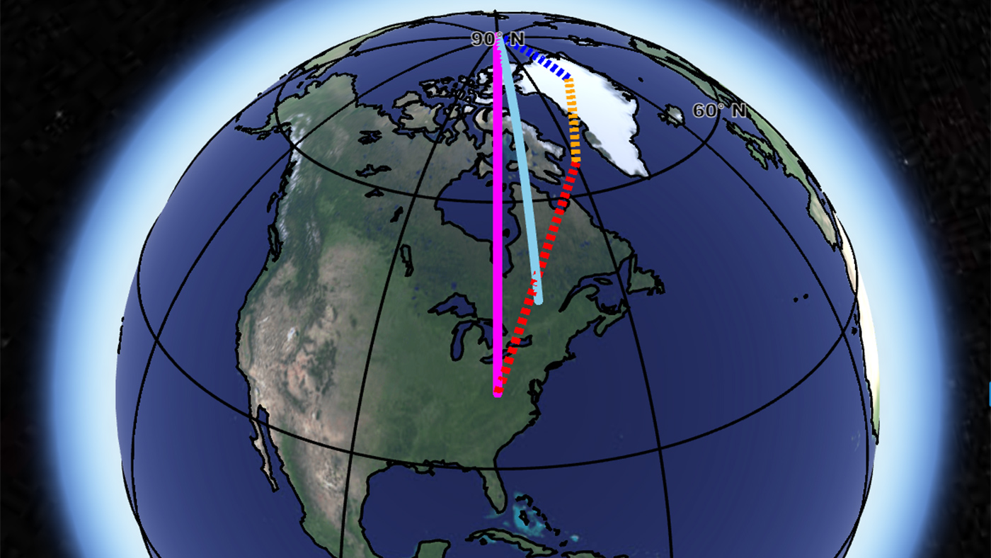 En la imagen, la línea azul representa la deriva natural del eje de giro de la Tierra, pero la influencia de los tres factores (en línea de puntos) ha desplazado este eje de giro a la posición marcada por la línea rosa. Credit: NASA/ JPL-Caltech.
