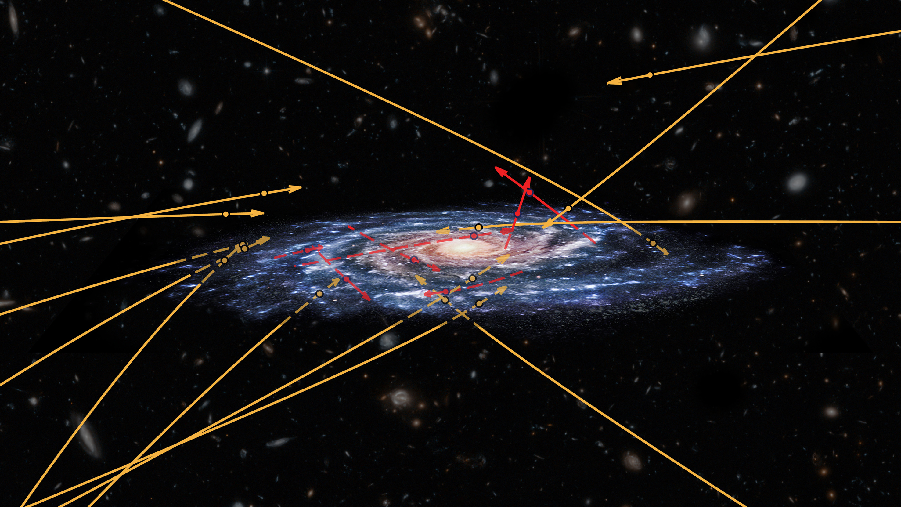Carrera de estrellas en la Vía Láctea. Recreación artística. Marchetti et al 2018 (posiciones estelares y trayectorias); NASA / ESA / Hubble (galaxias de fondo), CC BY-SA 3.0 IGO.