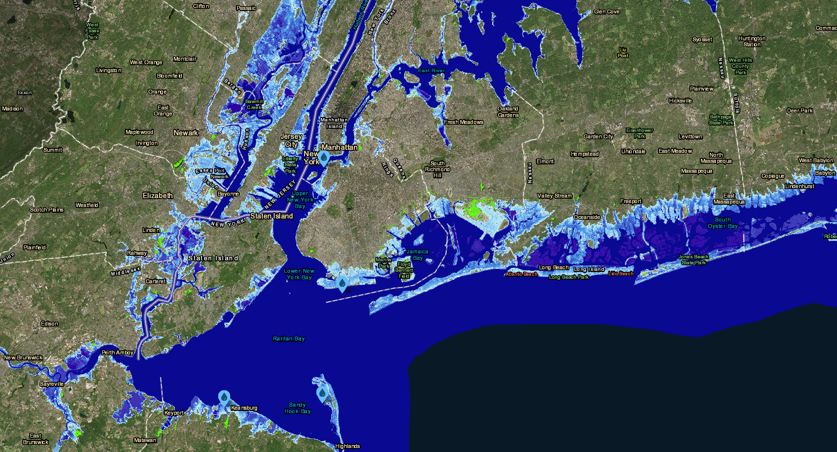 Partes de Nueva Jersey y Nueva York con 30 centímetros de aumento del nivel del mar. Las áreas de color azul claro muestran la extensión de las inundaciones permanentes. Imagen: NOAA Sea Level Rise Viewer.