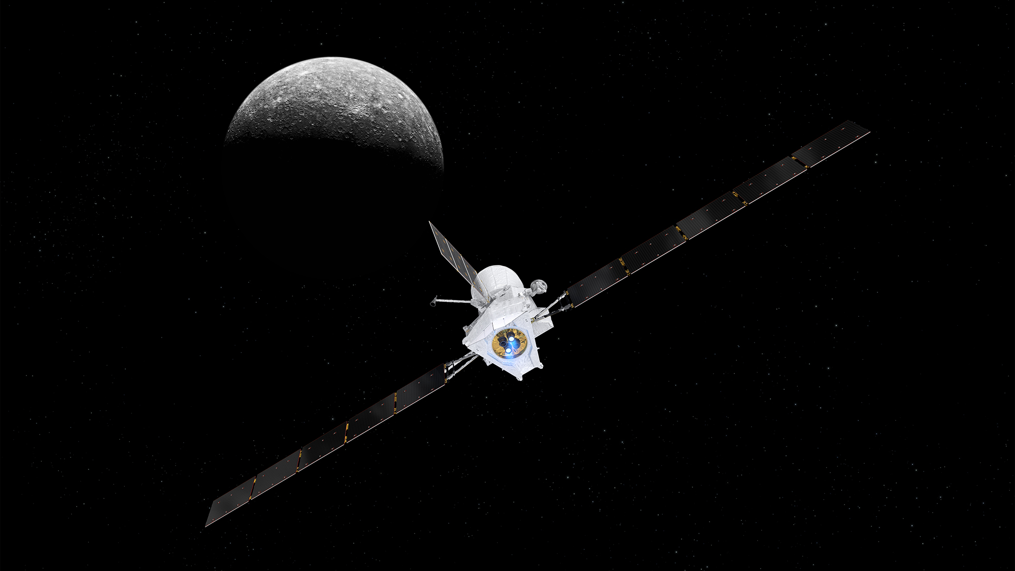 Recreación artística de BepiColombo acercándose a Mercurio. ESA/ATG medialab; Mercury: NASA/JPL.