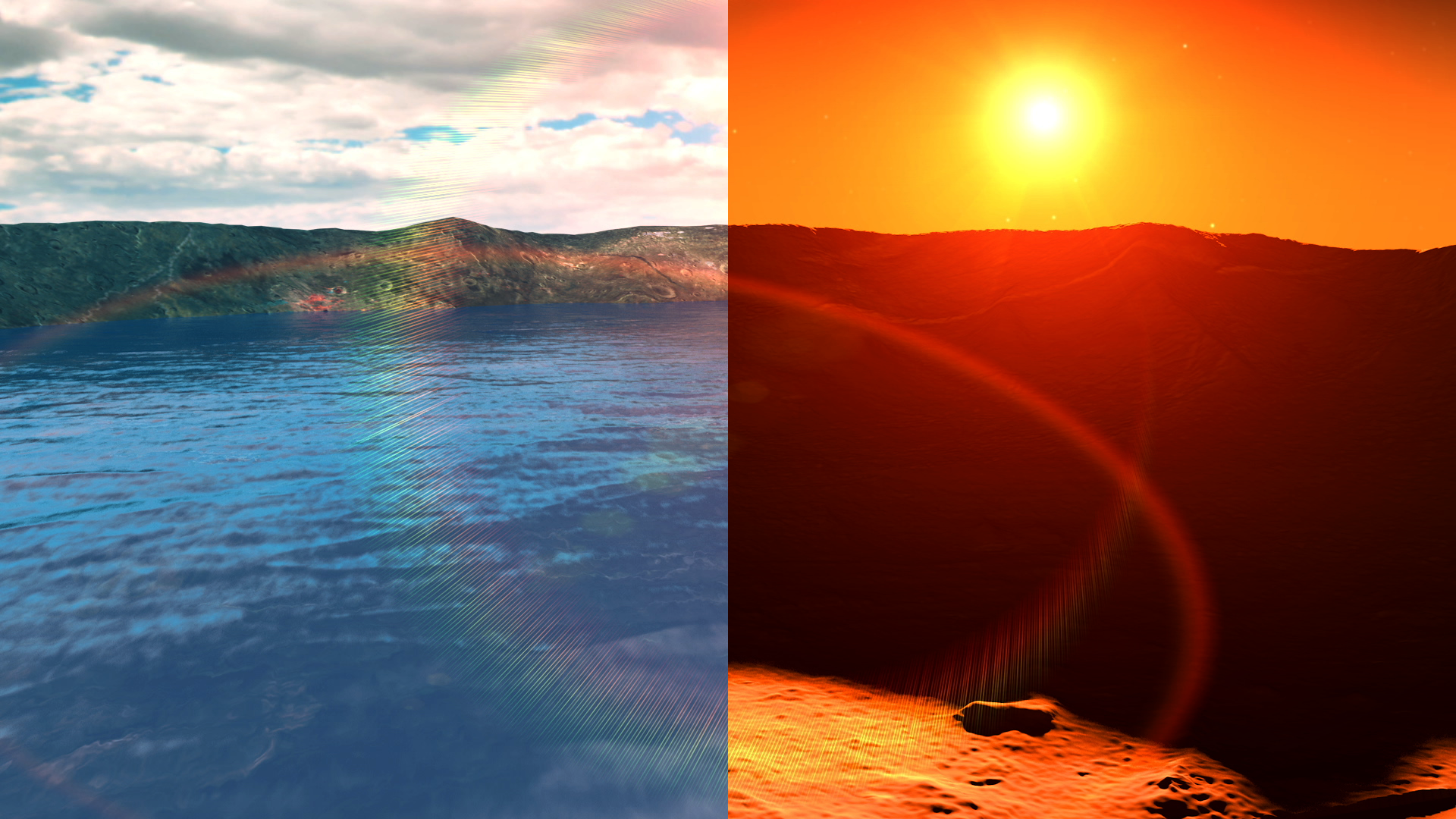 Recreación artística del entorno marciano temprano (izquierda), que se cree contiene agua líquida y una atmósfera más gruesa, en comparación con el ambiente frío y seco que se ve en Marte hoy (derecha). Imagen: Goddard Space Flight Center de la NASA.