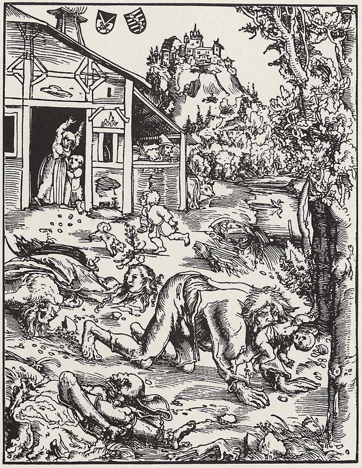 Imagen: Grabado en madera de un ataque de hombre lobo, de Lucas Cranach der Ältere (1512). Fuente: Wikimedia Commons.