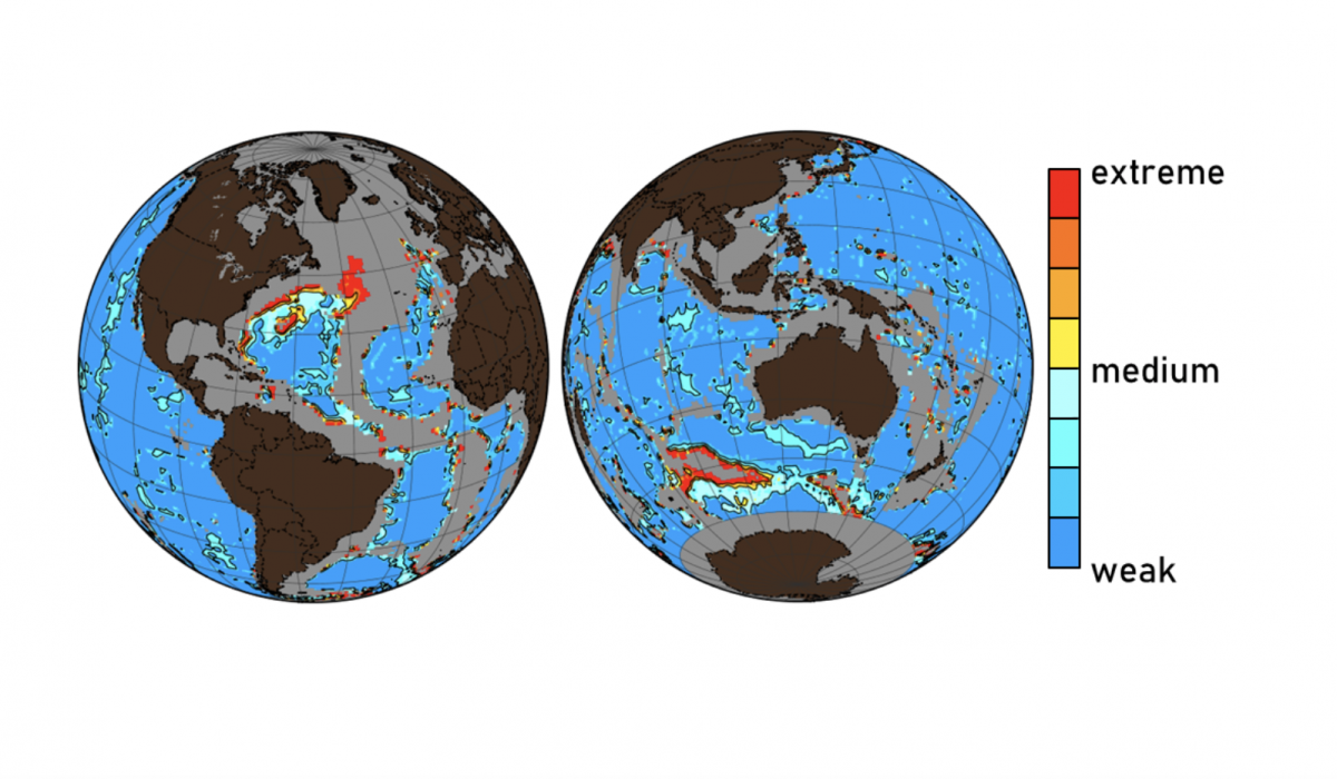 Mapa que muestra las áreas del fondo marino que han sido afectadas, en diversos grados, por la creciente acidificación de los océanos como resultado de las actividades humanas. Fuente: Universidad McGill. Click sobre la imagen para ampliar.