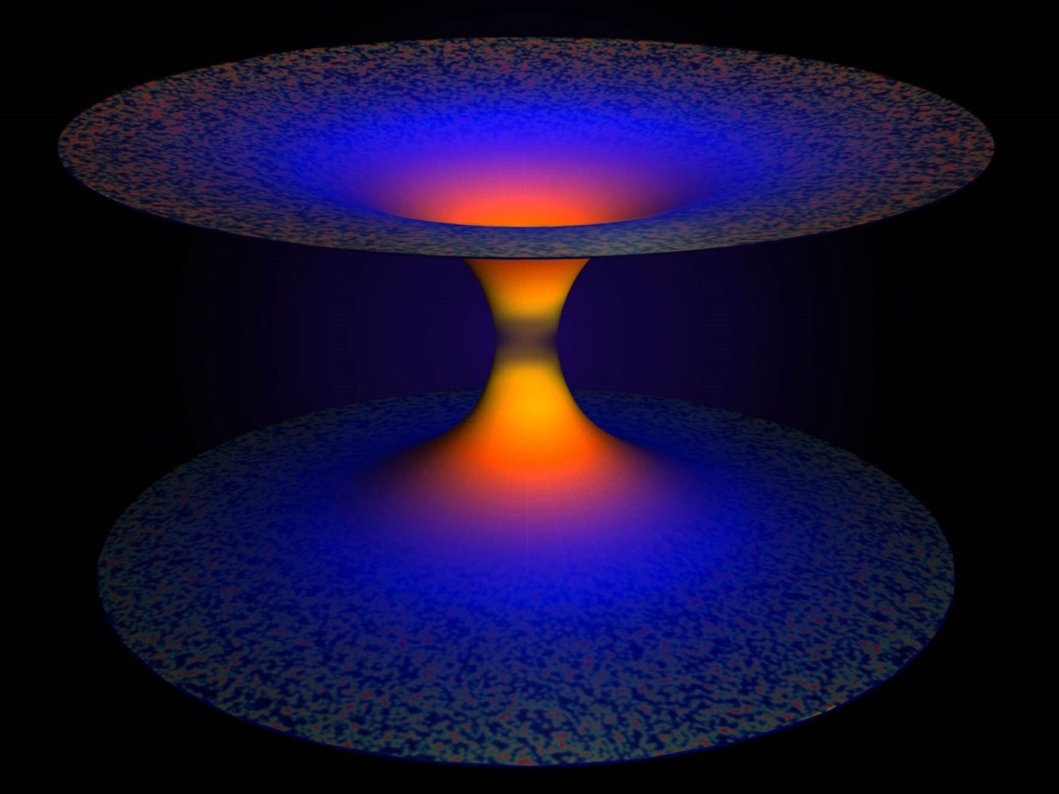 Representación artística de los efectos de gravedad cuántica de bucle en un agujero negro. La mitad inferior de la imagen muestra el agujero negro que, según la relatividad general, atrapa todo, incluida la luz. La gravedad cuántica de bucles, una teoría que extiende la relatividad general de Einstein utilizando la mecánica cuántica, supera este tremendo impulso y libera todo lo que se muestra en la mitad superior de la imagen, resolviendo así el problema fundamental de la singularidad del agujero negro. Crédito: A. Corichi y JP Ruiz. LSU.