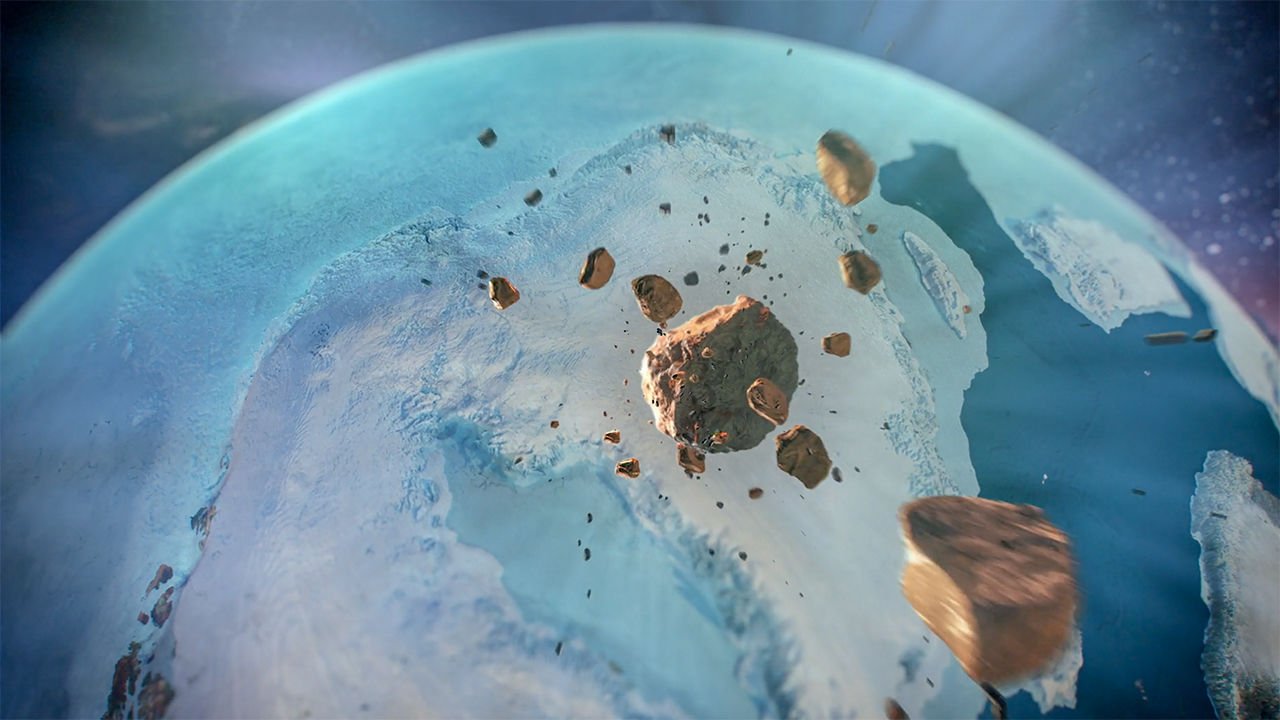 Un asteroide de 1,5 kilómetros, entero o en pedazos, se estrelló contra una capa de hielo al noroeste de Groenlandia en tiempos geológicamente recientes. / NASA Scientific Visualization Studio