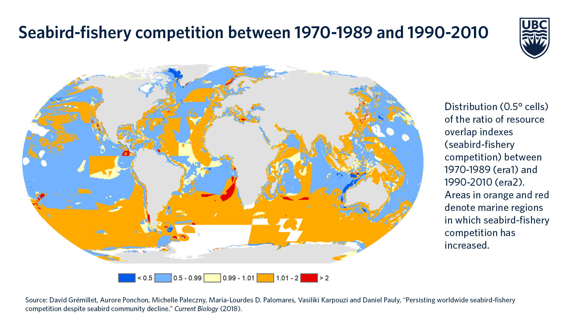 Las areas de rojo y naranja indican las regiones marinas en las que más ha aumentado la competencia por la pesca de aves marinas. Click sobre la imagen para ampliar.