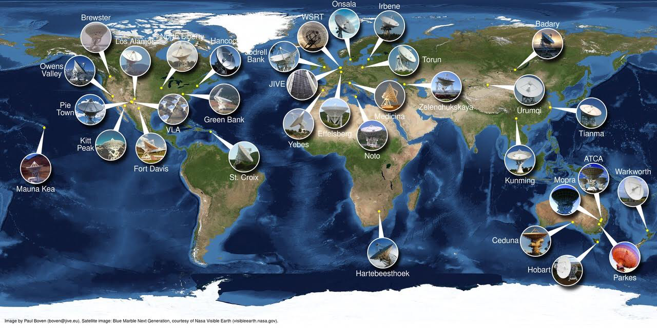 La red mundial de todas las instituciones que participaron en la  observación.  © Paul Boven (JIVE)