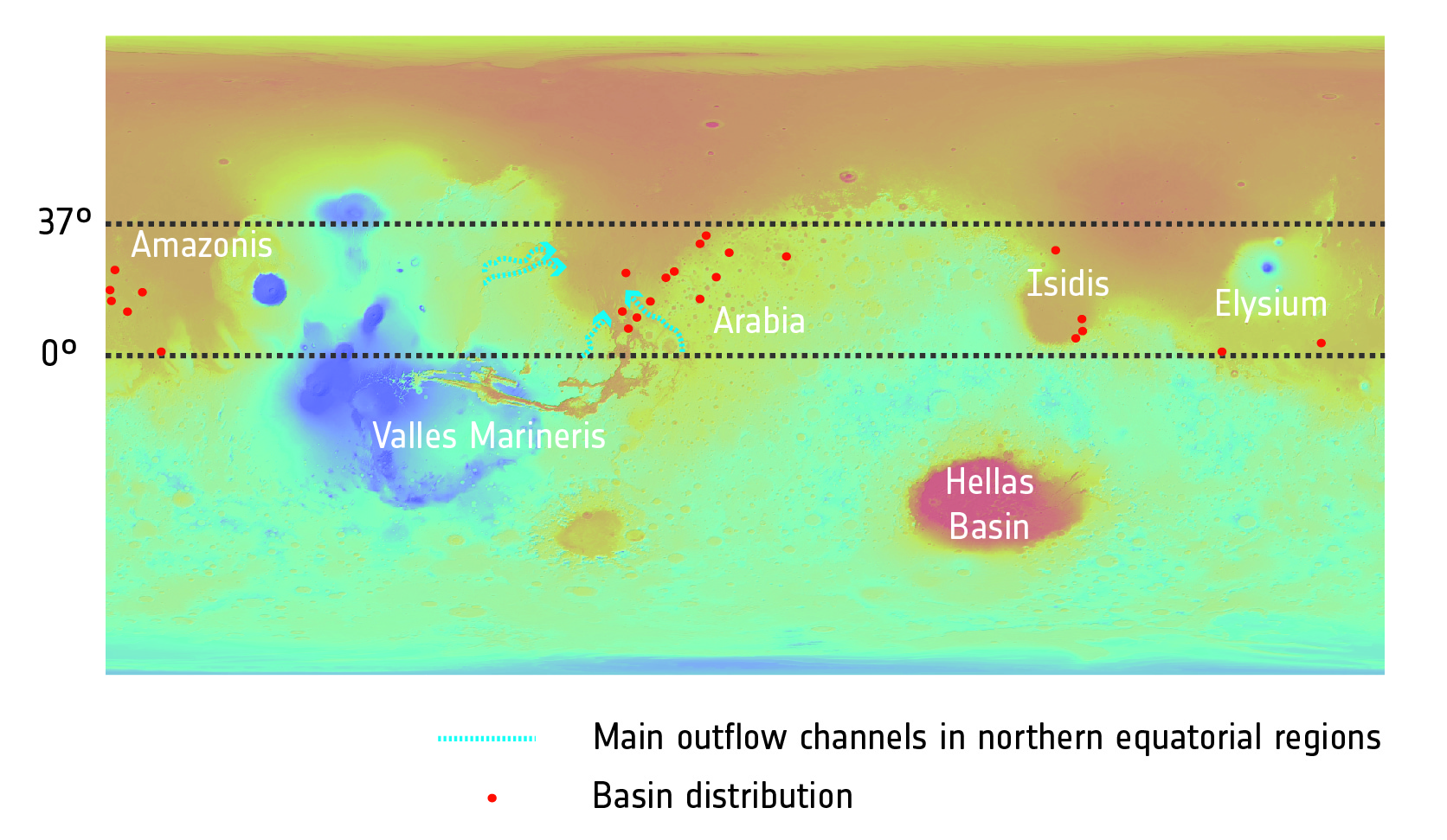 Esta imagen muestra la distribución de varios cráteres profundos (marcados como puntos) recientemente explorados como parte de un estudio de las aguas subterráneas en Marte. La imagen de fondo se muestra en colores que representan la topografía: los rojos y naranjas son elevaciones más bajas, y los azules y verdes son más altos. Crédito: NASA / MGS / MOLA; Distribución de cráteres: F. Salese et al (2019)