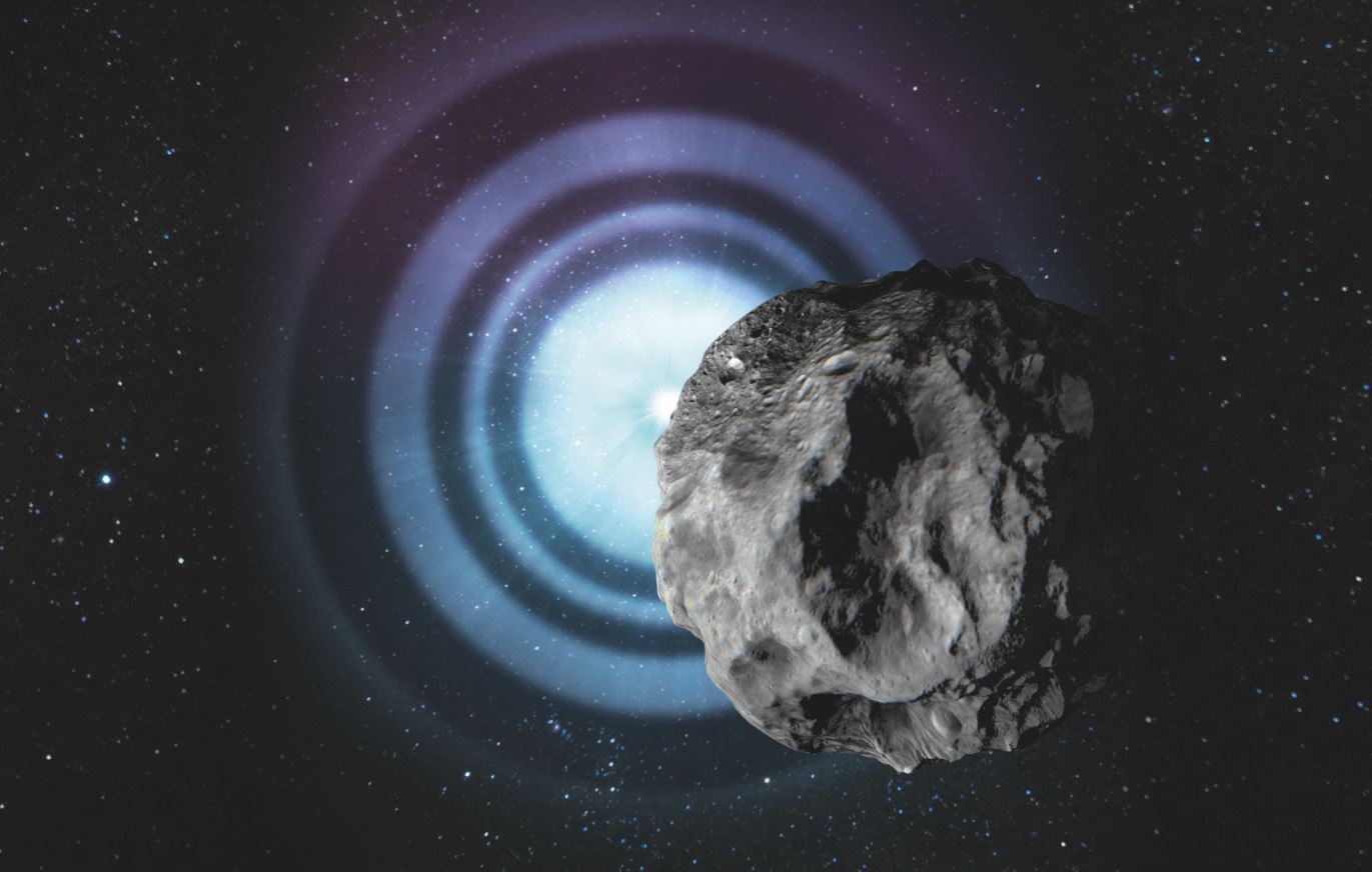 Cuando un asteroide pasa por delante de una estrella, el patrón de difracción resultante (aquí muy exagerado) puede revelar el tamaño angular de la estrella. Imagen: Lucid Berlin / DESY.