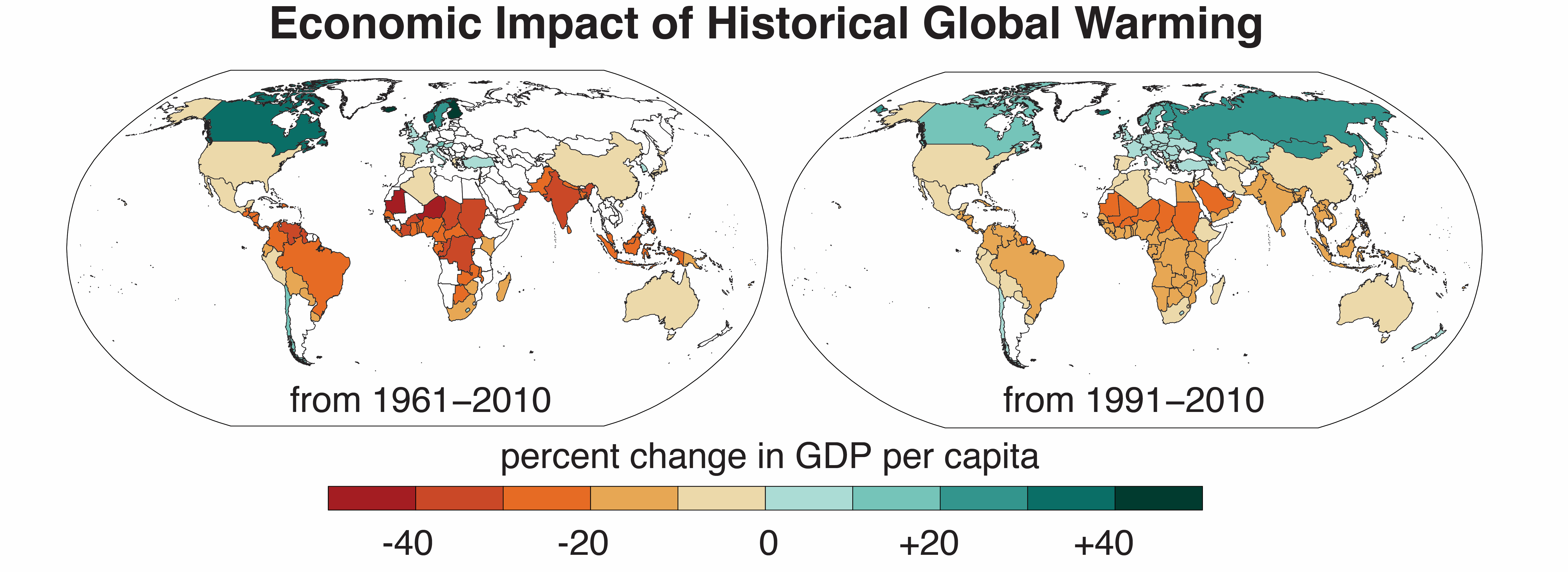 El mapa de la izquierda muestra los países en los que el PIB per cápita aumentó o disminuyó como resultado del calentamiento global entre 1961 y 2010. El mapa de la derecha muestra la misma información en 1991, que incorpora datos de más países. (Crédito de la imagen: Noah Diffenbaugh y Marshall Burke).